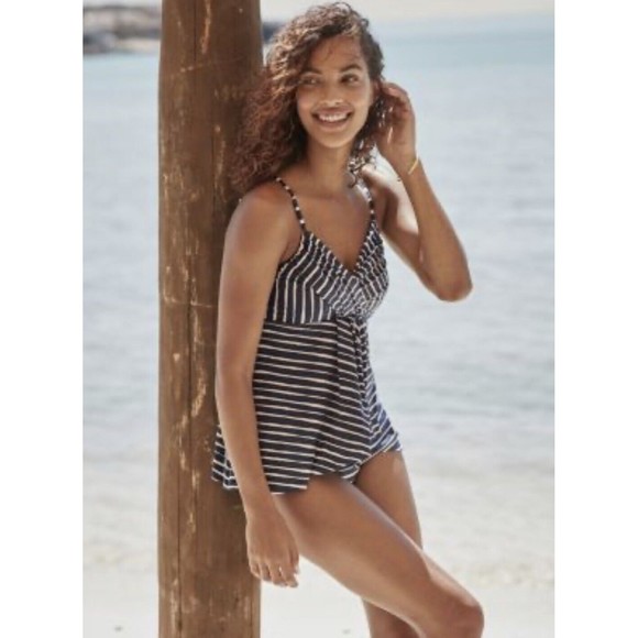 Garnet Hill Surplice Wrap One Piece Striped Swim Dress 6 Blue White - Picture 1 of 5